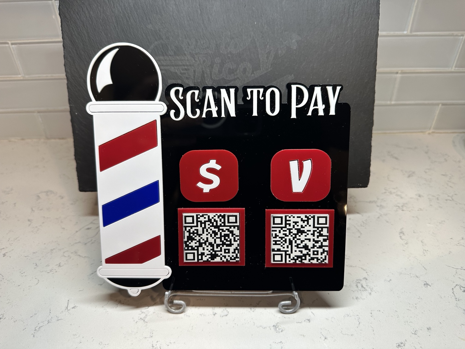 Barber pole themed acrylic scan-to-pay sign with payment QR codes