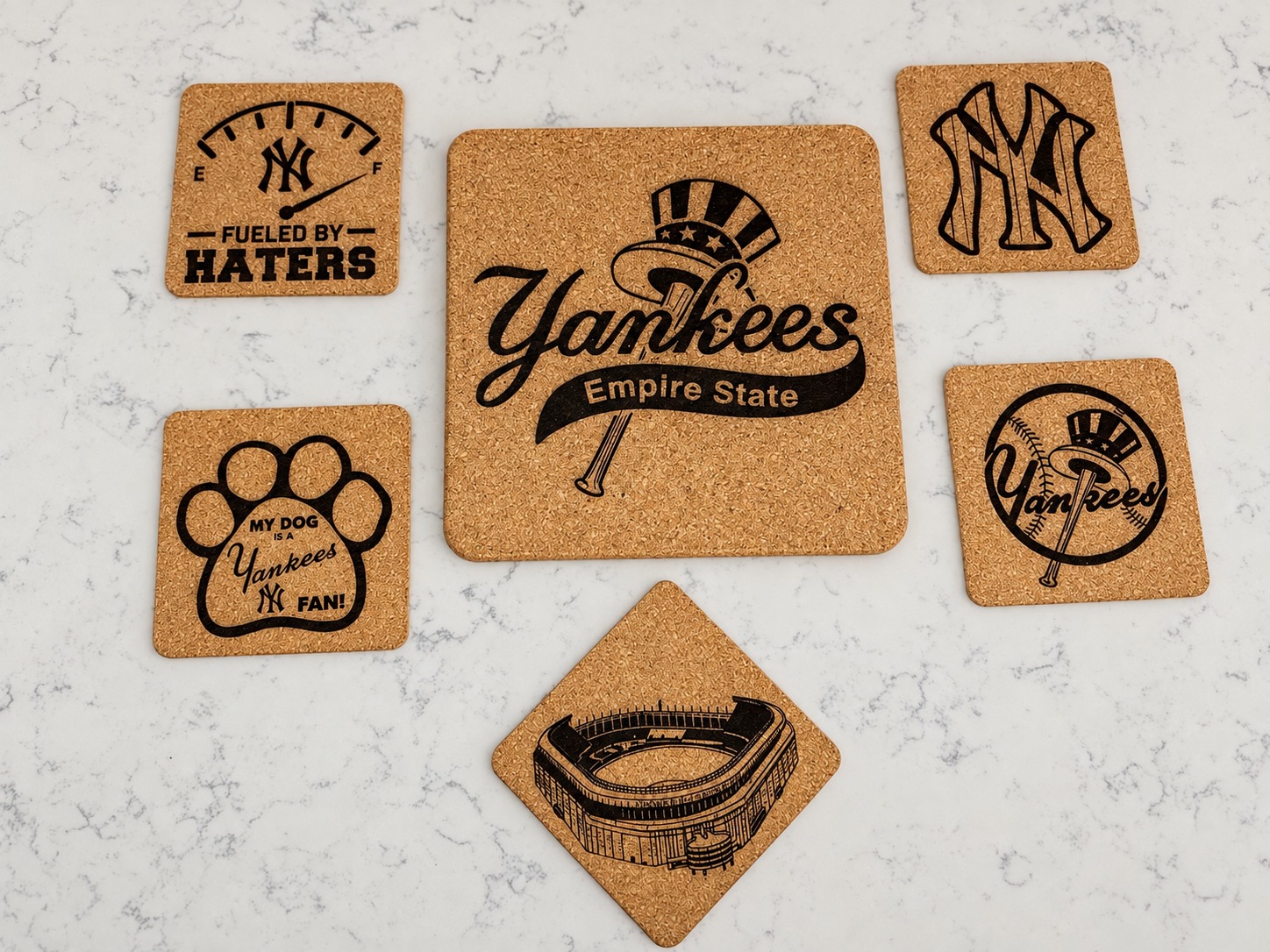 Baseball themed cork trivet with five engraved square coasters