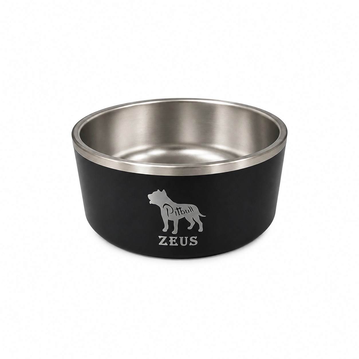 Black dog bowl with engraved Pitbull silhouette and Zeus name