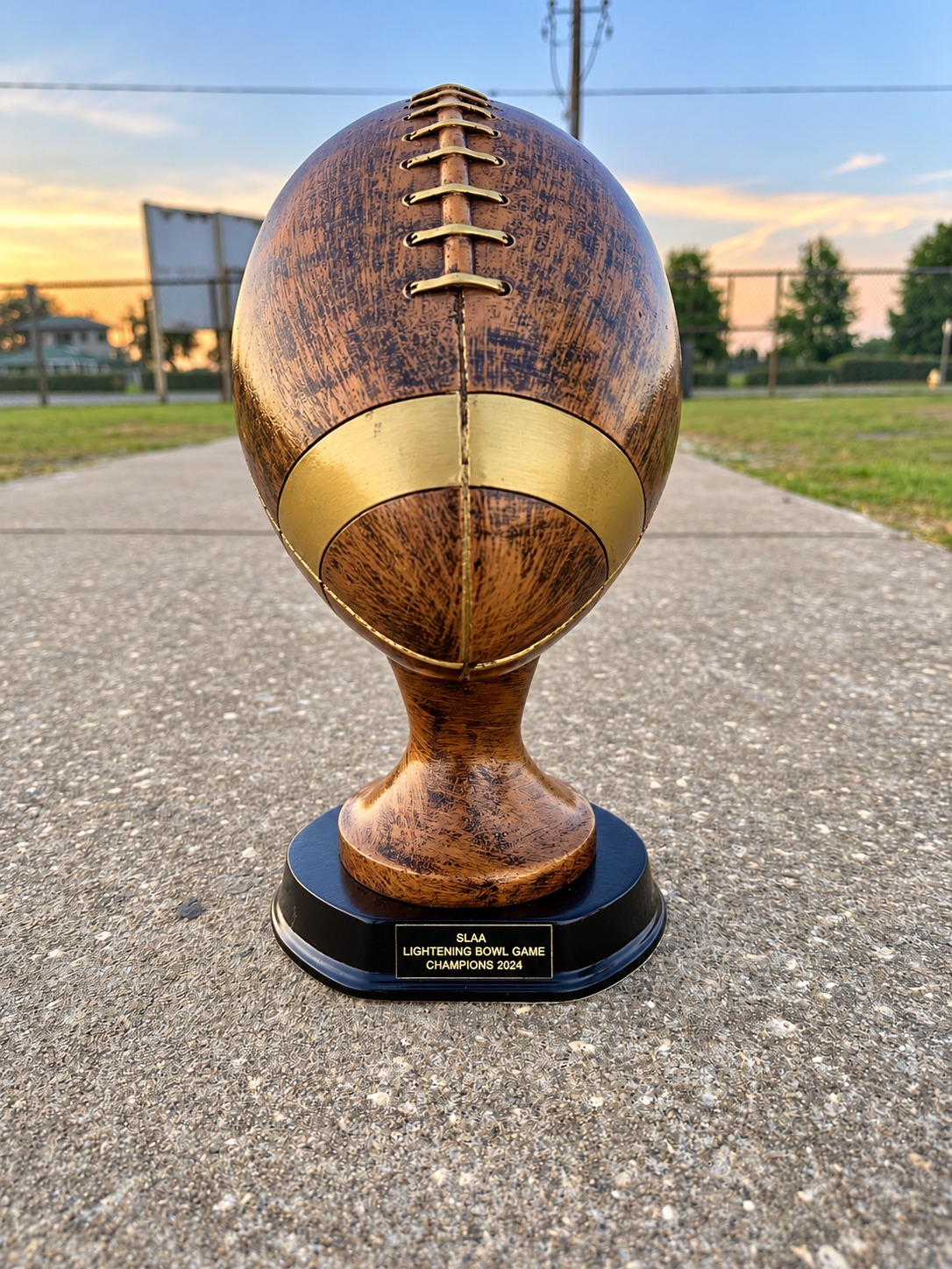 Football championship trophy with engraved 2024 champions nameplate