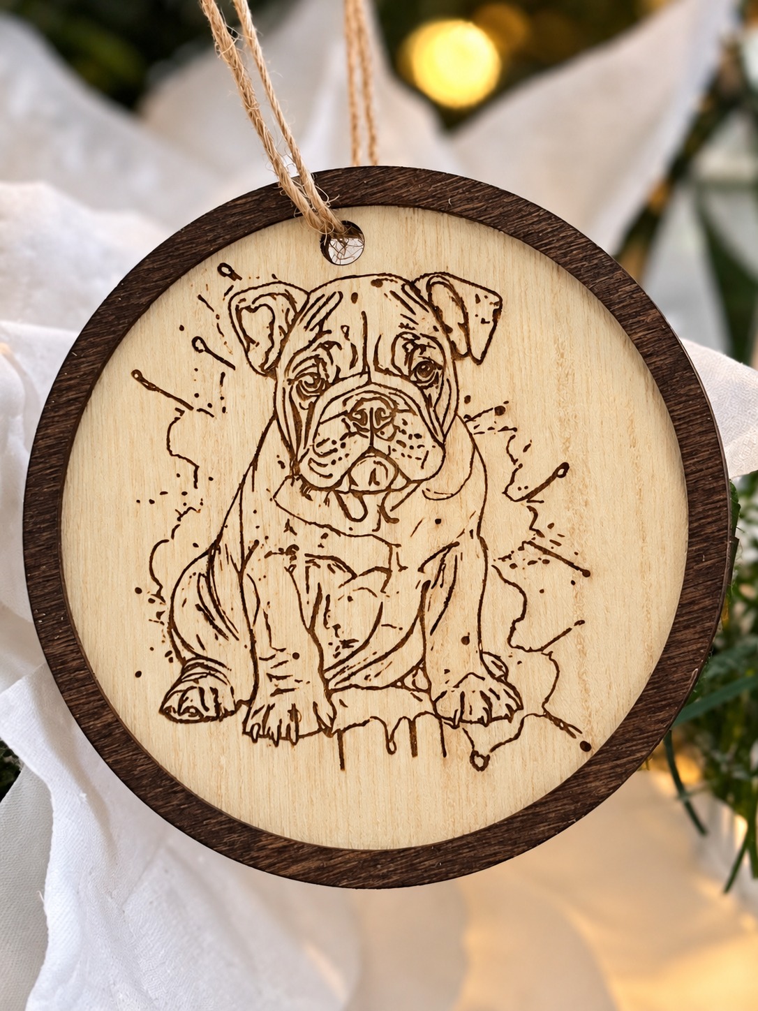 Round wooden ornament with engraved bulldog artwork