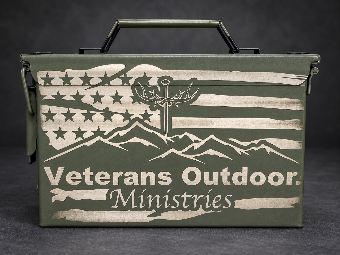 Olive green ammo can with custom flag and Veterans Outdoor Ministries engraving