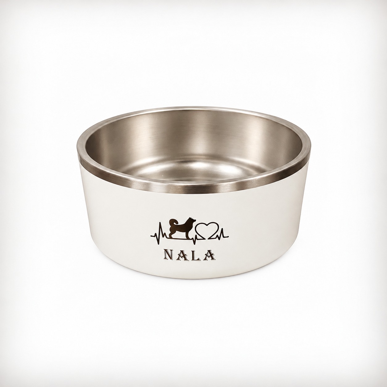 White dog bowl engraved Nala with a dog and heartbeat design