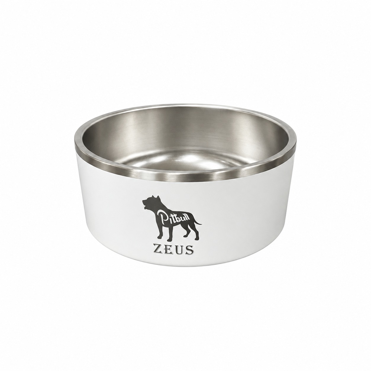 White dog bowl engraved Zeus with a pitbull silhouette