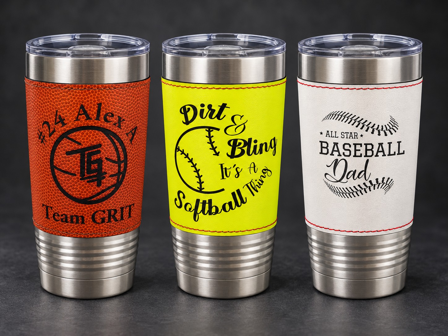 Custom basketball, softball, and baseball themed engraved stainless steel tumblers