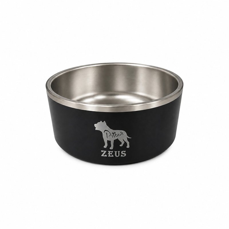 Black dog bowl with engraved Pitbull silhouette and Zeus name