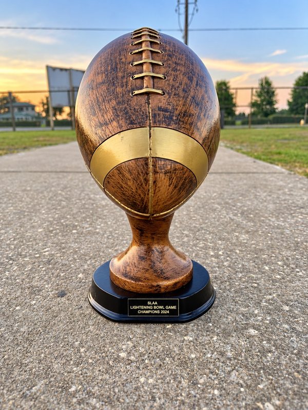 Football championship trophy with engraved 2024 champions nameplate