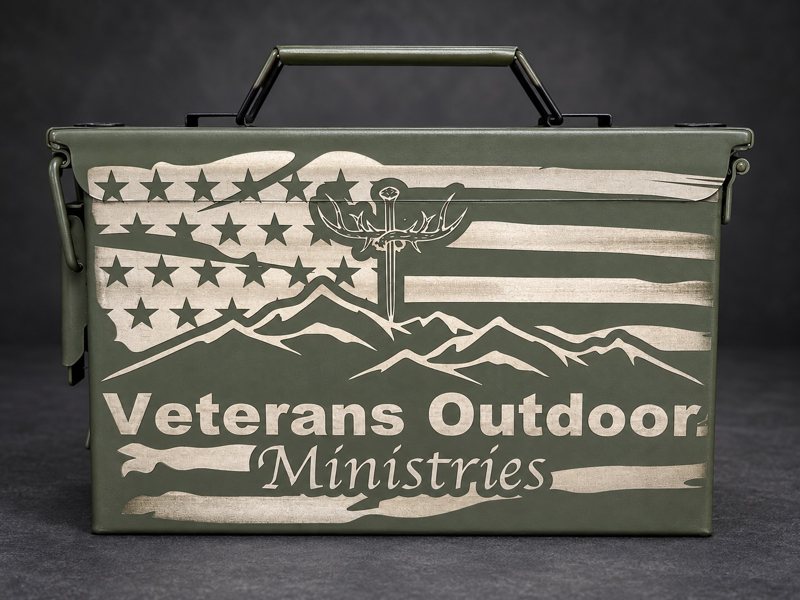 Olive green ammo can with custom flag and Veterans Outdoor Ministries engraving