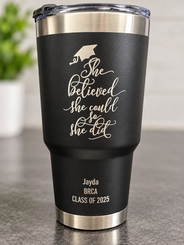 Black tumbler engraved She believed she could so she did and Jayda Class of 2025