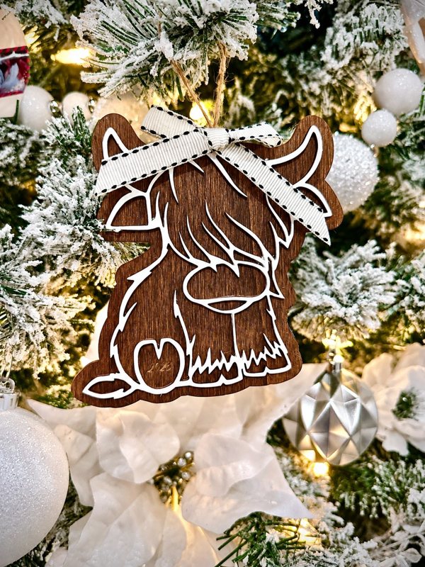 Wooden Highland cow ornament with white layered detail