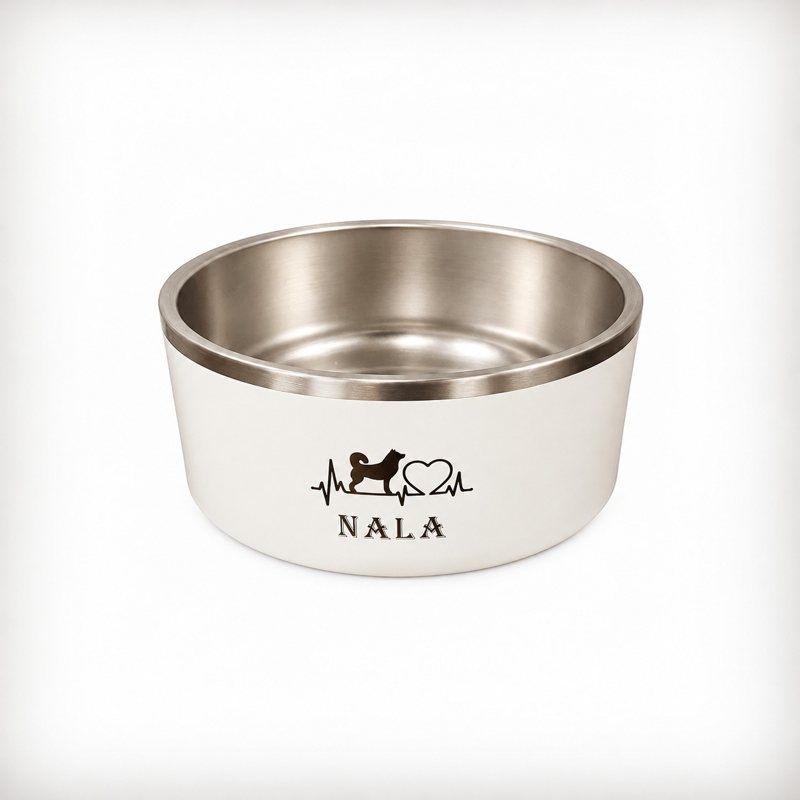 White dog bowl engraved Nala with a dog and heartbeat design