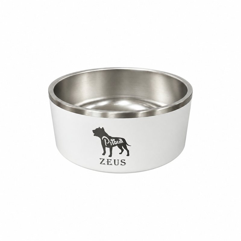 White dog bowl engraved Zeus with a pitbull silhouette