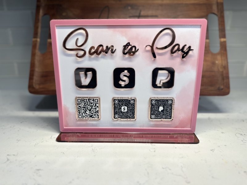 Pink and rose gold acrylic scan-to-pay countertop sign with three payment QR codes